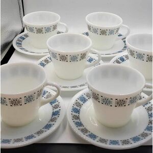 Vintage Pyrex JaJ Chelsea Pattern Mug & Saucers - set of 6 (12 pieces)